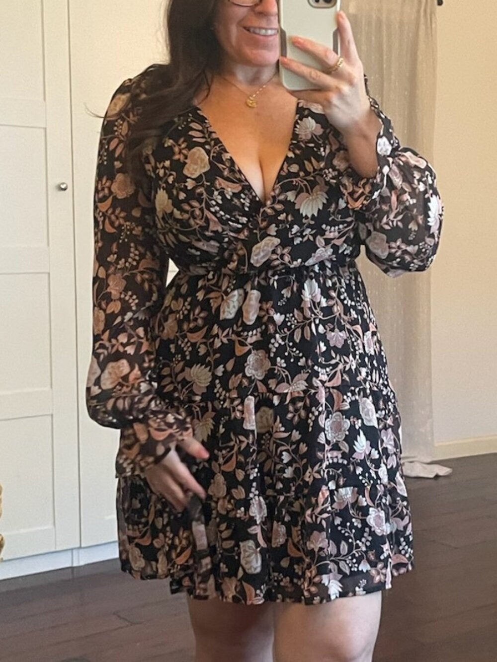 Inspired Hearts Floral Ruffled Chiffon Long Sleeve V-Neck Dress - Sz M